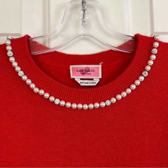 🥤 Kate Spade Pearl Pave Red Wool Blend Short Sleeve Sweater Size XXS - Picture 8 of 14